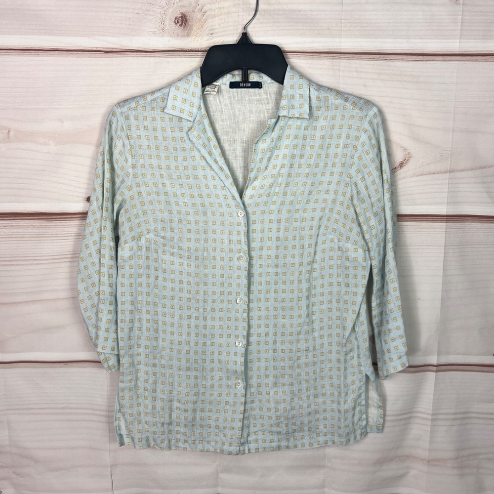 Benson NYC Top Womens Small Blue Square Print Shirt Cotton Button Up‎ 3/4 Sleeve